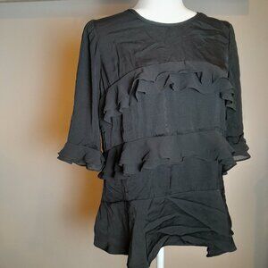 Pretty Black Ruffle Detail Blouse Size Medium 3/4 sleeves